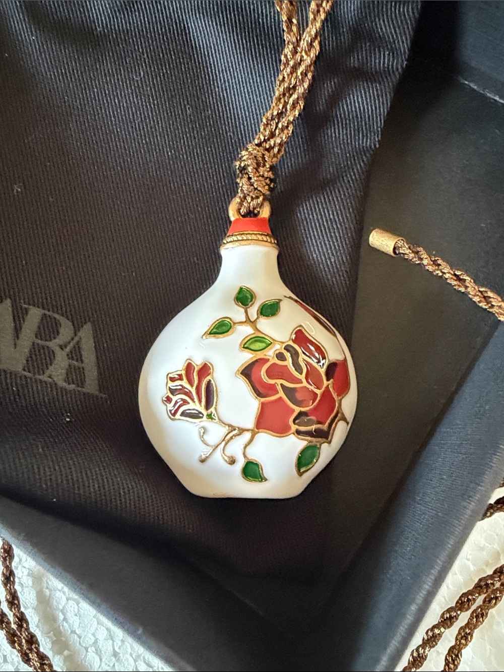 Zara White Floral Enamel Pendant Charm with Red and Green Accents